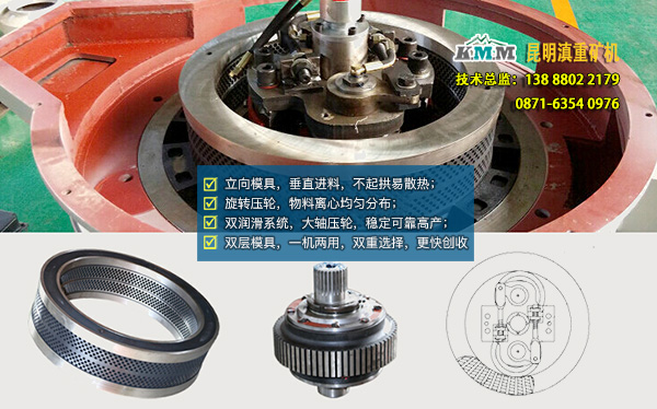 雙層、立向模具、旋轉(zhuǎn)壓輪等顆粒機(jī)內(nèi)部示意圖